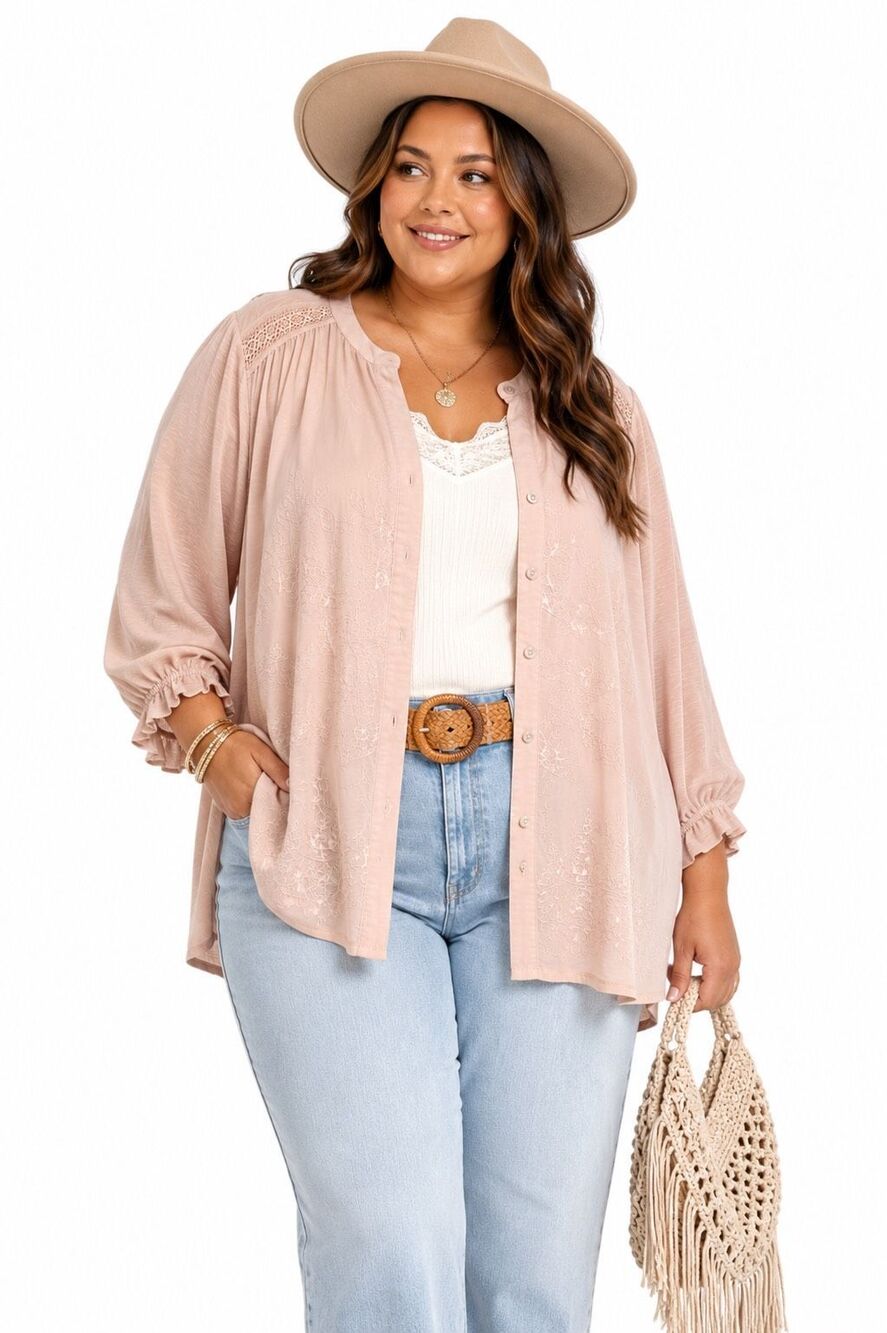 Democracy 3X Pale Pink Embroidered Button Front Boho Tunic Blouse Plus Size